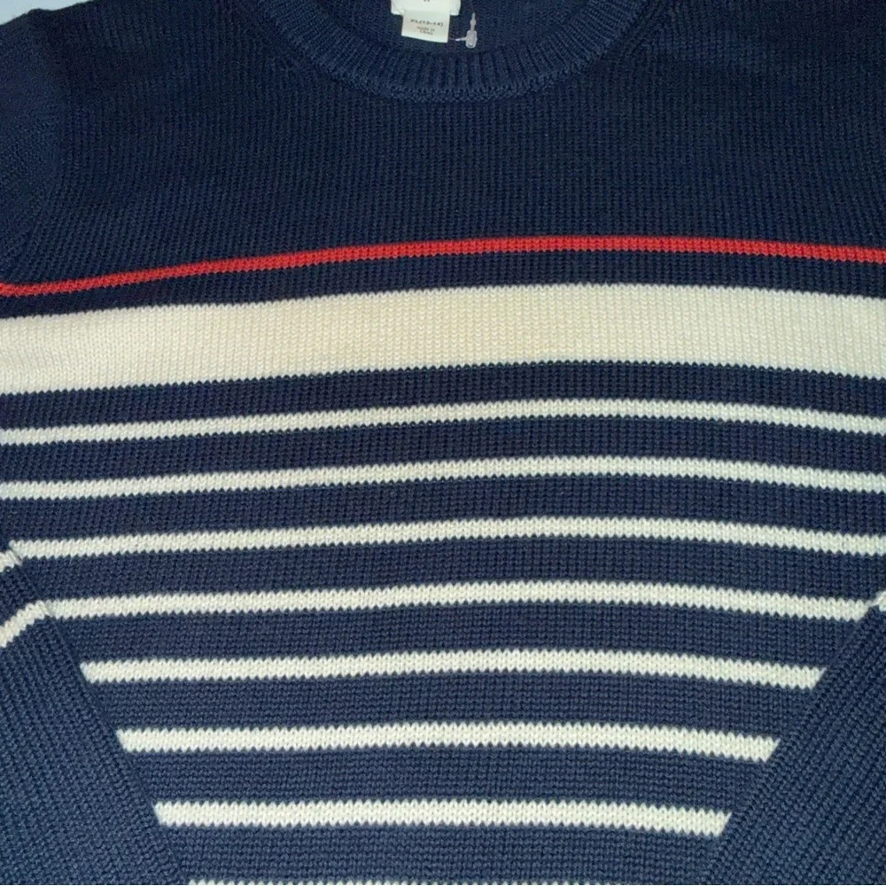 J Crew Crewcuts Boys XL 12-14 Navy Blue Striped‎ Cotton Knit Crewneck Sweater